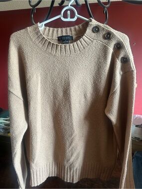 Sanctuary Crewneck Button-Shoulder Sweater in Camel